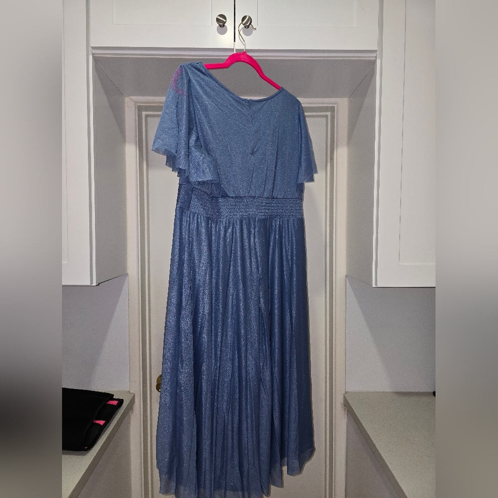 Ever Pretty Blue Round Neck Midi Dress, Sparkly Material, Flutter Sleeves SZ 16 - Picture 6 of 9
